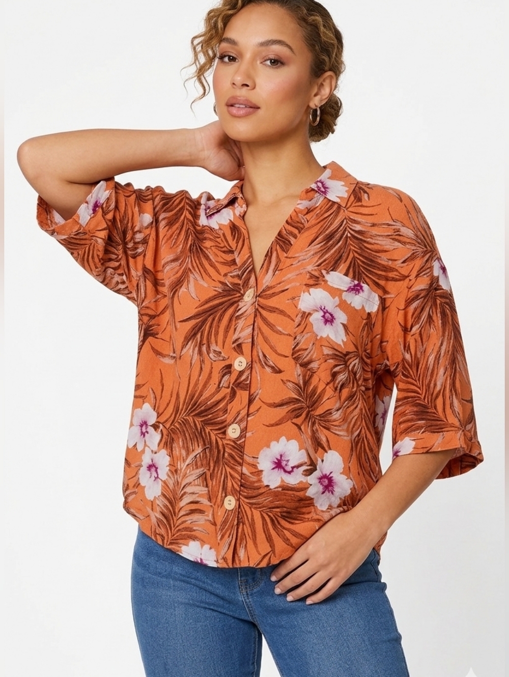 Moa Moa Tropical Button Front Blouse - Oversized